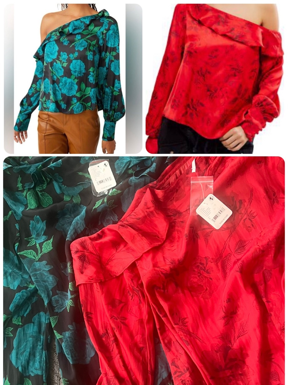 FREE PEOPLE - BUNDLE NWT One-Shoulder Floral Satin Blouse in Teal & Red